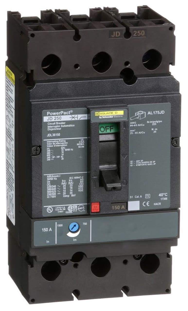 Schneider Electric JDL36150 Square D by Schneider Electric JDL36150 is a Moulded Case Circuit Breaker (MCCB) within the PowerPacT JDL sub-range, featuring a PowerPact J-Frame design. This 3-pole (3P) circuit breaker is rated for 150A with a rated insulation voltage (Ui) of 750 V and an AC rated voltage of 600Vac 600Y/347Vac. It supports a DC rated voltage of 250Vdc. The connection type includes lugs on both load and line sides, designed for individual unit mount on plate. It offers thermal protection for overload and magnetic protection for short-circuit conditions, with a net height of 191 mm, width of 105 mm, and depth of 127 mm. The degree of protection is IP40, and it operates manually via a toggle. Protection settings include over-current fixed at 150A and short-circuit pickup current adjustable between 750A and 1500A. The rated operating voltage (Ue) is 690 V, with a rated impulse voltage (Uimp) of 8 kV. The trip current rating is 150 AT, with a frame current rating of 250 AF. Its short circuit breaking rating varies by voltage, up to 25kA at 240Vac and 20kA at 250Vdc, according to UL489 standards. The trip unit type is thermal-magnetic (adjustable) without a display, and it falls under utilisation category A. JDL36150 on Powermatic Associates