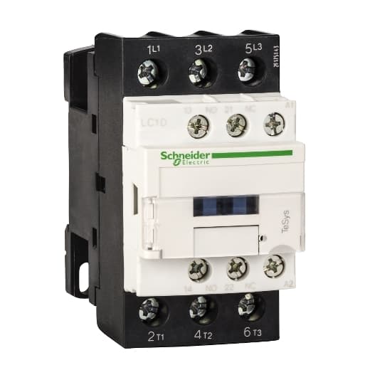 Schneider Electric LC1D386M7 Schneider Electric LC1D386M7 is a magnetic contactor from the Deca sub-range, designed with ring-lugs connections and three poles (3P; 3NO). It has a rated current of 50A for AC-1 and 38A for 440Vac in AC-3 conditions. This contactor is suitable for DIN rail mounting and has a net width of 45 mm. It offers a degree of protection of IP20 and operates within control voltage ranges of 176-242Vac at 50Hz and 187-242Vac at 60Hz, with a nominal voltage of 220Vac. The rated operating voltage (Ue) is up to 690 V, and it includes 1 normally open (NO) auxiliary contact. The rated impulse voltage (Uimp) is 6 kV, and it can handle rated active power ranging from 9kW at 220-230Vac to 18.5kW at 660-690Vac in AC-3 conditions. It also features 1 normally closed (NC) auxiliary contact with contacts type of 1NO+1NC instantaneous aux. The rated power in horsepower (HP) varies from 2HP at 115Vac in single-phase to 25HP at 575-600Vac in three-phase, according to UL/CSA standards. Its mechanical durability is rated at 15 million operations at no load, and its electrical durability is rated at 1.4 million operations with load. The rated voltage for phase-to-phase is 690 V. LC1D386M7 on Powermatic Associates
