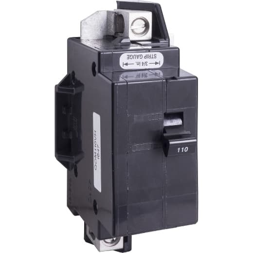 Schneider Electric QOM110VH Square D by Schneider Electric QOM110VH is a Miniature Circuit Breaker (MCB) designed for primary or main circuit protection. It features a bolt-on mounting mode and a bolt-on connection type, ensuring secure installation. This MCB is rated for a current of 110A and can accommodate a wire cross-section of 4-2/0AWG for one aluminum or copper cable. It operates on a rated voltage of 120V to 240V AC and is equipped with two poles. The QOM110VH has a short circuit breaking rating of 22kA at 240Vac and utilizes lug terminals for its connections. QOM110VH on Powermatic Associates