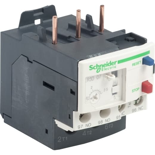 Schneider Electric LR3D07 Schneider Electric LR3D07 is a non-differential thermal overload relay designed for unbalanced networks, belonging to the LR3D sub-range. It features a 3-pole configuration and offers protection functions classified under Class 10A. The relay is designed for a rated current range of 1.6-2.5 A, with protection settings adjustable within the same range. It includes 1 Normally Open (NO) auxiliary contact and 1 Normally Closed (NC) auxiliary contact. The connection type for this part includes direct to contactor for upstream connections and screw-clamp for outgoing cables and the control circuit. The rated voltage for phase-to-phase operation, applicable for frequencies from 0 to 400Hz, is 690 V. The minimum operating current is specified at 1.6 A, with a maximum threshold of 2.5 A. LR3D07 on Powermatic Associates