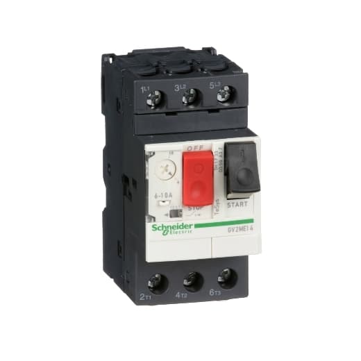 Schneider Electric GV2ME14 Schneider Electric GV2ME14 is a Motor Protection Circuit Breaker (MPCB) within the GV2ME sub-range, designed for thermal-magnetic motor protection and manual motor starting. It features 3 poles and offers protection functions against short-circuit and thermal overload. The rated current range is 6 - 10 A, with a rated insulation voltage (Ui) of 690 V. This MPCB is designed for DIN rail or mounting plate installation, has a net width of 45 mm, and operates via a push-button. Protection settings include a fixed short-circuit pickup current of 138A. The rated impulse voltage (Uimp) is 6 kV, and it supports rated active powers of 4 kW and 3 kW at 400/415Vac, 5.5 kW and 4 kW at 500Vac, and 7.5 kW and 5.5 kW at 690Vac. The trip current rating is 10 AT, with a frame current rating of 32 AF. It boasts a mechanical durability of 100,000 operations at no load and an electrical durability of 100,000 operations at 440Vac; AC-3; In/2 with load. Connection is facilitated through screw-clamp terminals, and it is designed for use with a rated voltage (AC) - phase-to-phase of 690 V. All three poles are protected, with a minimum current of 6 A and a maximum of 10 A. The trip unit type is thermal-magnetic, suitable for utilisation category A AC-3. GV2ME14 on Powermatic Associates
