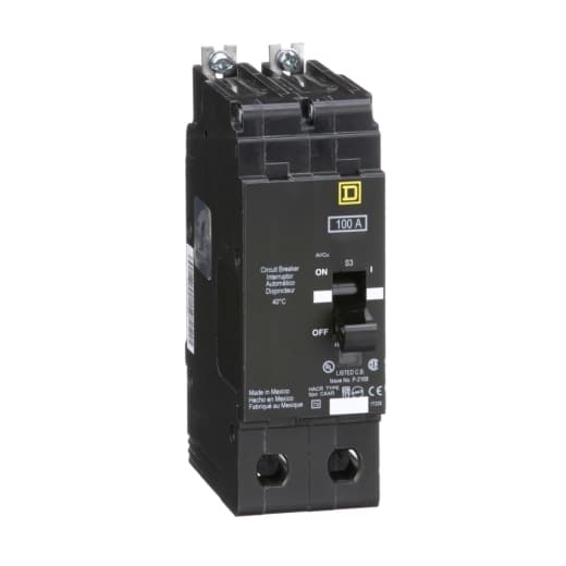 Schneider Electric EJB24100 Square D by Schneider Electric EJB24100 is a Miniature Circuit Breaker (MCB) designed for bolt-on mounting with a visual trip indicator. It features lugs type terminals and operates at a rated voltage of 480 V AC. This MCB serves as both an Equipment Protection Device (EPD) and a Circuit Breaker (CB) with a breaking capacity code J. It offers short-circuit and overload protection functions, utilizing an aluminium lugs connection. The rated current is 100A, and it is a 2 Pole device with a cross-section range of 12-2/0AWG. The short circuit breaking rating is specified as 100kA at 120Vac and 240Vac, and 65kA at 480Y/277Vac. It incorporates a thermal-magnetic trip unit with protection settings at a trip unit rating of 2300A. EJB24100 on Powermatic Associates
