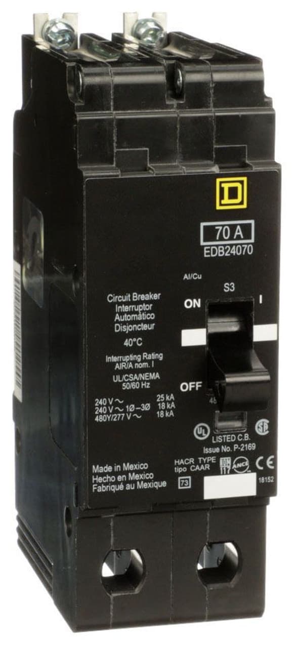 Schneider Electric EDB24070 Square D by Schneider Electric EDB24070 is a Miniature Circuit Breaker (MCB) designed for bolt-on mounting with a visual trip indicator. It features lugs type terminals and operates at a rated voltage of 480 V AC. This MCB serves as both an Equipment Protection Device (EPD) and a Circuit Breaker (CB) with a breaking capacity code D. It offers short-circuit and overload protection functions, utilizing an aluminium lugs connection. The EDB24070 is rated for a current of 70A and is a 2 Pole device, accommodating a cross-section of 12-2/0AWG. It has a short circuit breaking rating of 25kA at 120Vac and 240Vac, and 18kA at 480Y/277Vac. The trip unit is thermal-magnetic with protection settings at a trip unit rating of 1800A. EDB24070 on Powermatic Associates