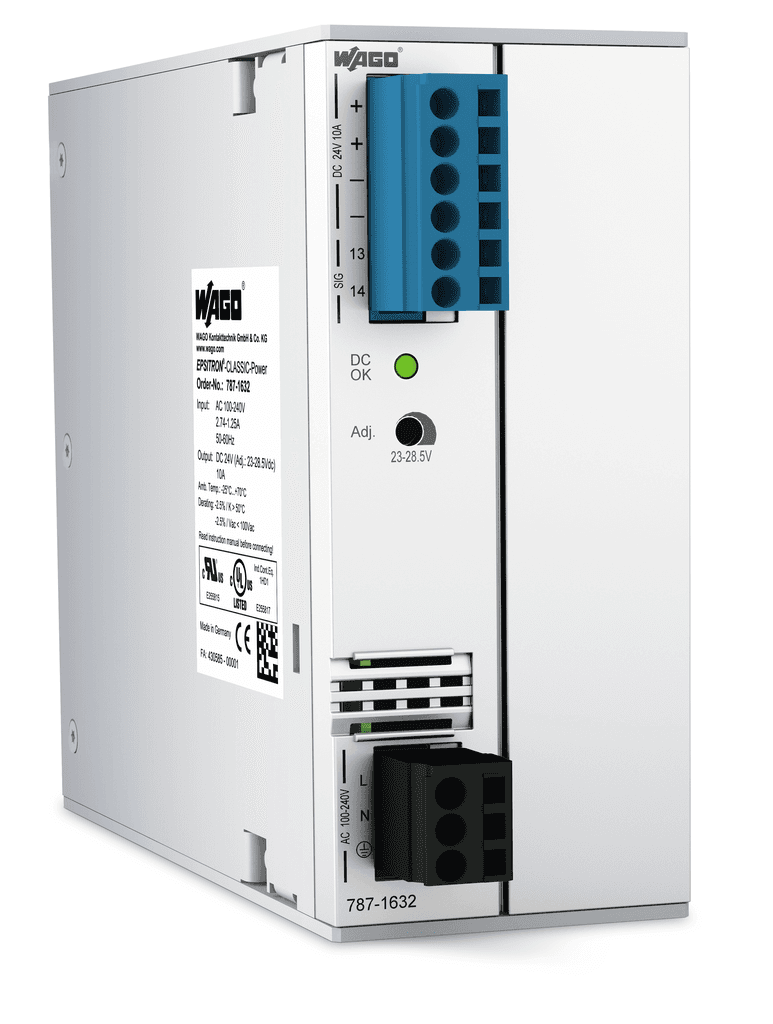 WAGO 787-1632/000-070 787-1632/000-070 WAGO - Switched-mode power supply; Classic; 1-phase; 24 VDC output voltage; 10 A output current; TopBoost; DC OK contact 787-1632/000-070 on Powermatic Associates