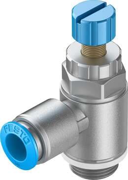 Festo 534343 one-way flow control valve GRLA-3/8-QS-10-RS-D With knurled screw and lock nut Valve function: One-way flow control function, Pneumatic connection, port  1: QS-10, Pneumatic connection, port  2: G3/8, Adjusting element: Knurled screw, Mounting type: (* Th 534343 on Powermatic Associates