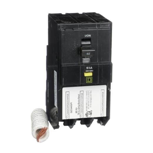 Schneider Electric QO340GFI Square D by Schneider Electric QO340GFI is a Ground Fault Interrupter (GFI) Miniature Circuit Breaker (MCB) designed for plug-in mounting. It features a rated current of 40A and a plug-in connection type, suitable for use with a rated voltage (AC) of 208 V. The QO340GFI accommodates wires with a cross-section of 12-4AWG (1 cable Al) and is equipped with three poles. It has a residual current sensitivity of 6mA / 0.006 and offers ground fault protection. The short circuit breaking rating is specified at 10kA (120Vac) and 10kA (208Vac), with box lugs serving as the type of terminals. QO340GFI on Powermatic Associates