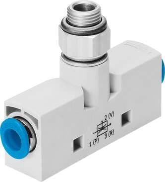 Festo 193517 vacuum generator VN-07-H-T3-PQ2-VA4-RQ2 Standard, high vacuum, width 14 mm, T shape with push-in connector. Vacuum connection with male thread. Nominal size, Laval nozzle: 0,7 mm, Grid dimension: 14 mm, Assembly position: Any, Ejector characteristic: (* H 193517 on Powermatic Associates