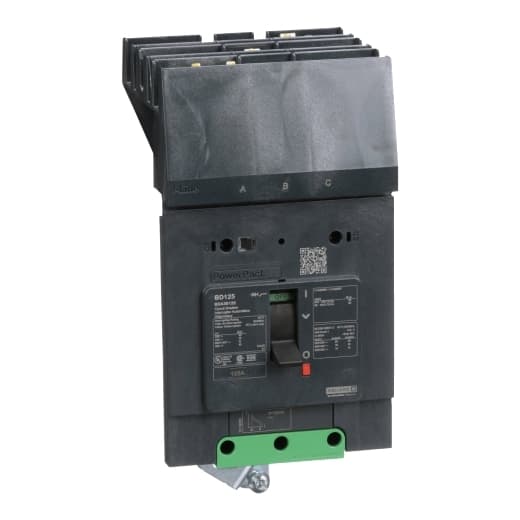 Schneider Electric BDA36125 Square D by Schneider Electric BDA36125 is a Moulded Case Circuit Breaker (MCCB) within the PowerPacT BDA sub-range, featuring a PowerPact B-Frame 125 TMD 3P 125A design for 600Y/347Vac with a 14kA I-line ABC 80% rated. It has an 8 kV rated impulse voltage (Uimp) and utilizes an I-line connection for ABC phases. The degree of protection is IP40, with a rated current of 125A and a rated voltage of 600Vac 600Y/347Vac. It offers mechanical durability of 20,000 operations at no load and mounts on I-line with line side isolated plug-on jaws plus a mechanical I-Line bracket mechanism. This 3-pole (3P) circuit breaker has dimensions of 137 mm in height, 89 mm in depth, and 81 mm in width, falling under utilisation category A. Its protection settings include over-current fixed at 125A, short-circuit hold current fixed at 1000A, and short-circuit trip current fixed at 1500A. The rated voltage for DC applications is 250Vdc, with a rated insulation voltage (Ui) of 800 V and a rated operating voltage (Ue) of 525 V. It provides thermal protection for overload and magnetic protection for short-circuits, with a trip current rating of 125 AT. The electrical durability with load is 10,000 operations at 440Vac; In, and it has a frame current rating of 125 AF. The operating mode is toggle (manual), and it has a short circuit breaking rating of 25kA at 240Vac, 18kA at 480Vac, 18kA at 480Y/277Vac, 14kA at 600Y/347Vac, and 10kA at 250Vdc, all according to UL489 standards. The trip unit type is thermal-magnetic (fixed) with no display. BDA36125 on Powermatic Associates