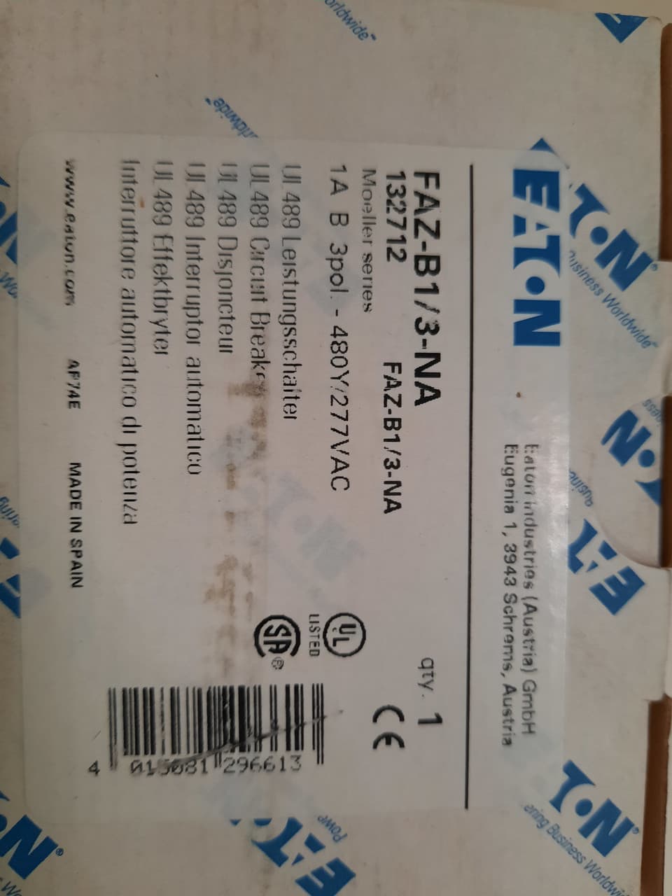 Eaton FAZ-B1/3-NA 277/480 VAC 50/60 Hz, 1 A, 3-Pole, 10/14 kA, 3 to 5 x Rated Current, Screw Terminal, DIN Rail Mount, Standard Packaging, B-Curve, Current Limiting, Thermal Magnetic FAZ-B1/3-NA on Powermatic Associates