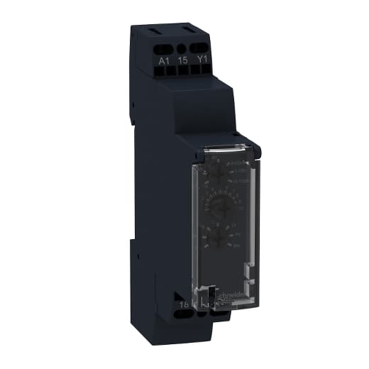 Schneider Electric RE17RMMW Schneider Electric RE17RMMW is an analog timer designed for modular installation on a DIN rail, featuring a width of 18mm for a single module. This multi-function timer supports various control types, including A, Ac, At, B, Bw, C, D, Di, H, and Ht, with a selector switch on the front panel for easy operation. It offers a reset time of 120ms typically upon de-energisation, with control signal pulse widths of 100ms (with load in parallel typical) and 30ms (typical). The device has a power-on delay of 100ms and operates at a frequency of 10Hz. It is rated for a current of 8 A and falls under the RE17R sub-range. The timer provides a degree of protection of IP40 for the housing, IP20 for the terminal block, and IP50 for the front panel. It is constructed with cadmium-free contacts and a self-extinguishing housing material. The power consumption at 240Vdc is 1.5 W, and it features SPDT (Single Pole Double Throw) - 1C/O contacts with a rated impulse voltage (Uimp) of 5 kV. The supply voltage ranges from 12-240 V AC/DC, with a minimum of 20.4 V. Its display includes an LED indicator that shows the operational status: steady for relay energised without timing, flashing during timing, and pulsing when the relay is de-energised without timing in progress, except for functions Di-D; Li-L. The electrical durability is rated at 100,000 operations for a 250Vac resistive load and 10,000,000 operations overall. The timer's time delay range is 0.1s to 100h or 0.1 to 360,000 seconds, and it can operate within a temperature range of -20°C to +60°C. RE17RMMW on Powermatic Associates