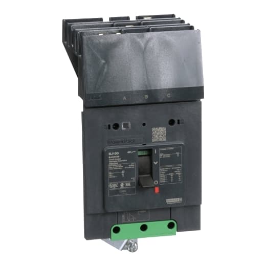 Schneider Electric BJA36100 Square D by Schneider Electric BJA36100 is a Moulded Case Circuit Breaker (MCCB) within the PowerPacT BJA range, featuring a PowerPact B-Frame 100 TMD 3P 100A 600Y/347Vac 25kA I-line design. It has a rated impulse voltage (Uimp) of 8 kV and utilizes an I-line connection for ABC phases with a degree of protection rated at IP40. The rated current is 100A, with a rated voltage (AC) of 600Vac 600Y/347Vac. This MCCB is designed for mechanical durability of 20,000 operations at no load and mounts on I-line with line side isolated plug-on jaws plus a mechanical I-Line bracket mechanism for robust attachment. It features 3 poles (3P), has a net height of 137 mm, a net depth of 89 mm, and a net width of 81 mm. The utilisation category is A. Protection settings include over-current fixed at 100A, short-circuit hold current fixed at 1000A, and short-circuit trip current fixed at 1500A. The rated voltage (DC) is 250Vdc, with a rated insulation voltage (Ui) of 800 V and a rated operating voltage (Ue) of 690 V. Protection functions cover thermal protection (overload) and magnetic protection (short-circuit), with a trip current rating of 100 AT. Electrical durability with load is rated for 10,000 operations at 440Vac; In. The frame current rating is 100 AF, and it operates via a toggle (manual) mode. The short circuit breaking rating includes 100kA at 240Vac, 65kA at 480Vac, 65kA at 480Y/277Vac, and 25kA at 600Y/347Vac under UL489 standards, with a 50kA rating at 250Vdc. The trip unit type is thermal-magnetic (fixed) with no display. BJA36100 on Powermatic Associates