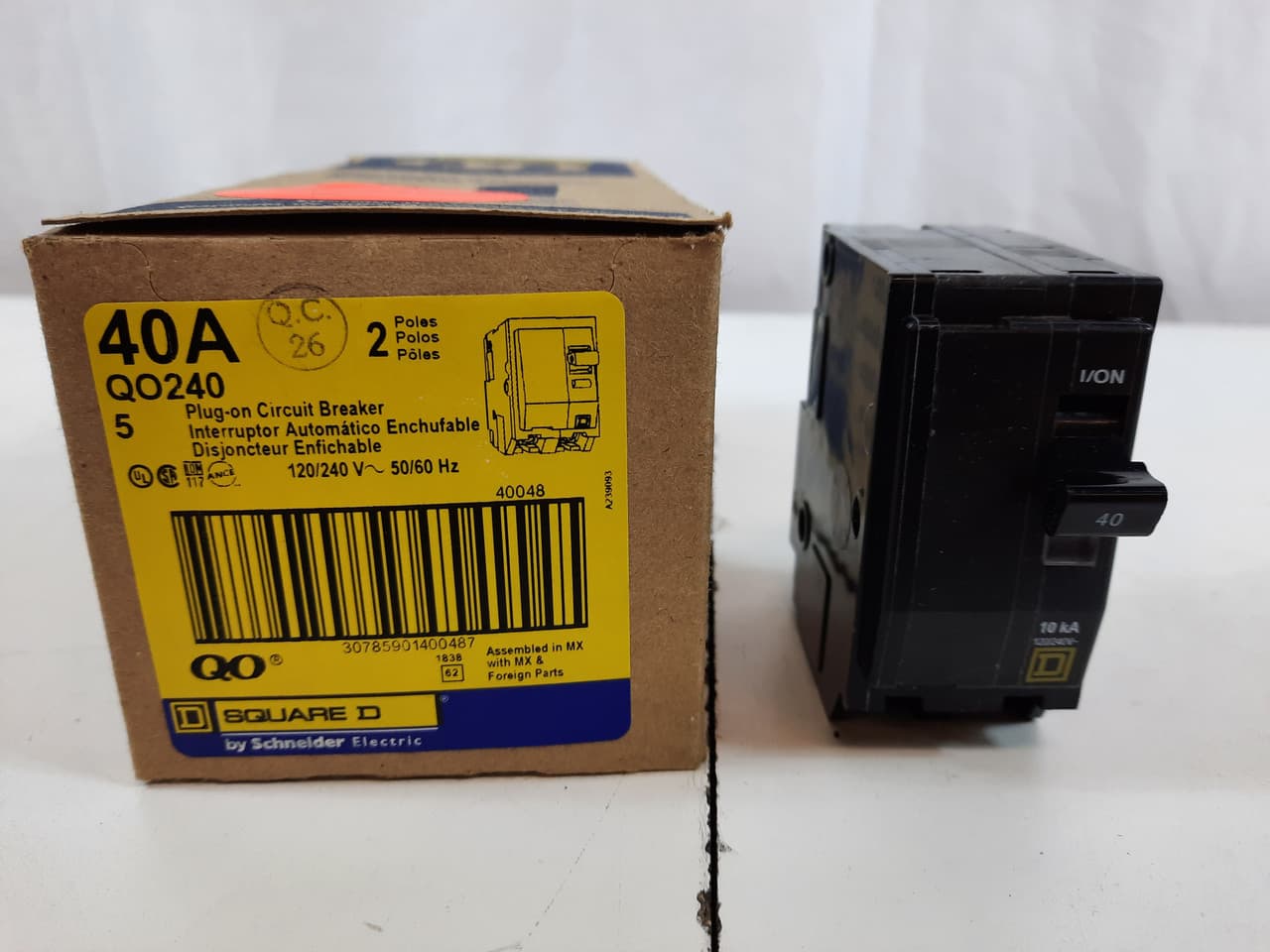 Schneider Electric QO240 Square D by Schneider Electric QO240 is a Miniature Circuit Breaker (MCB) designed for plug-in mounting. It features a rated current of 40A and accommodates a plug-in connection type. This MCB is compatible with both AC and DC circuits, having a rated voltage of 120V to 240V for AC and 48Vdc for DC. It supports a wire cross-section of 8-2AWG for one aluminum or copper cable and is equipped with 2 poles. The QO240 offers a short circuit breaking rating of 10kA at 240Vac and 5kA at 48Vdc, with box lugs serving as the type of terminals. QO240 on Powermatic Associates