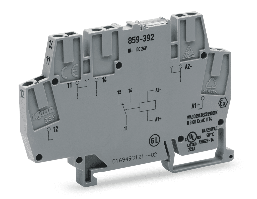 WAGO 859-392 859-392 WAGO - Relay module; Nominal input voltage: 24 VDC; 1 changeover contact; with gold contacts; Railway; Red status indicator; Module width: 6 mm; 2,50 mm²; gray 859-392 on Powermatic Associates