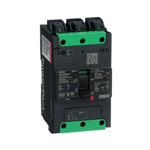 Schneider Electric BDL36025LU Square D by Schneider Electric BDL36025LU is a Moulded Case Circuit Breaker (MCCB) within the PowerPacT BDL sub-range, featuring a PowerPact B-Frame 100 TMD design. It is a 3-pole (3P) device with a rated current of 25A and a rated voltage of 600Vac 600Y/347Vac. The breaker is equipped with Everlink (Creep compensating) lugs on both line and load sides, plus a Control Wire terminal (CWT) on the line side only, offering a connection type designed for robustness. It has a rated impulse voltage (Uimp) of 8 kV and provides a degree of protection of IP40. The MCCB is designed for fixed mounting on a DIN rail or as an individual unit mount on a plate, with dimensions of 137 mm in height, 80 mm in depth, and 81 mm in width. It offers protection settings including over-current fixed at 25A, short-circuit hold current fixed at 400A, and short-circuit trip current fixed at 600A. The device's protection functions encompass thermal protection for overload and magnetic protection for short-circuits, with a trip current rating of 25 AT. It has a mechanical durability of 20,000 operations at no load and an electrical durability of 10,000 operations with load (440Vac; In). The breaker's frame current rating is 100 AF, and it operates via a toggle (manual) mode. Its short circuit breaking rating varies by voltage, with 25kA at 240Vac, 18kA at 480Vac and 480Y/277Vac, 14kA at 600Y/347Vac under UL489 standards, and 10kA at 250Vdc. The trip unit type is thermal-magnetic (fixed) without a display. BDL36025LU on Powermatic Associates