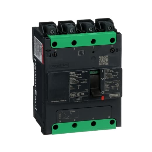 Schneider Electric BDL46045LU Square D by Schneider Electric BDL46045LU is a Moulded Case Circuit Breaker (MCCB) within the PowerPacT BDL sub-range, featuring a PowerPact B-Frame 100 TMD design. It is a 4-pole (4P) device with a rated current of 45A and a rated voltage of 600Vac 600Y/347Vac. The breaker is equipped with Everlink (Creep compensating) lugs on both line and load sides, plus a Control Wire terminal (CWT) on the line side only, offering a connection type designed for robustness. It has a rated impulse voltage (Uimp) of 8 kV and provides a degree of protection of IP40. The MCCB is designed for fixed mounting on a DIN rail or as an individual unit mount on a plate, with a net height of 137 mm, depth of 80 mm, and width of 108 mm. It operates with a mechanical durability of 20,000 operations at no load and an electrical durability of 10,000 operations with load (440Vac; In). The protection settings include over-current fixed at 45A, short-circuit hold current fixed at 400A, and short-circuit trip current fixed at 600A. It features thermal protection for overload and magnetic protection for short-circuits, with a trip current rating of 45 AT and a frame current rating of 100 AF. The operating mode is manual toggle, and the trip unit type is thermal-magnetic (fixed) with no display. The short circuit breaking rating varies with voltage, achieving 25kA at 240Vac, 18kA at 480Vac and 480Y/277Vac, 14kA at 600Y/347Vac, and 10kA at 250Vdc, all in accordance with UL489 standards. BDL46045LU on Powermatic Associates