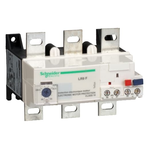 Schneider Electric LR9F5369 Schneider Electric LR9F5369, part of the LR9F sub-range, is an electronic thermal overload relay designed for a 3 Pole configuration. It features connection types that include lugs for both upstream and outgoing cables, as well as a screw-clamp for the control circuit. This part is specified with a rated current of 90-150 A and offers protection settings for thermal overload within the same range. It is equipped with 1 Normally Open (NO) auxiliary contact and 1 Normally Closed (NC) auxiliary contact. The supply voltage required for operation is 24 V DC, and it can handle a rated voltage (AC) phase-to-phase of 1000 V at 50/60Hz. The minimum current threshold is set at 90 A, with a maximum capacity of 150 A. LR9F5369 on Powermatic Associates