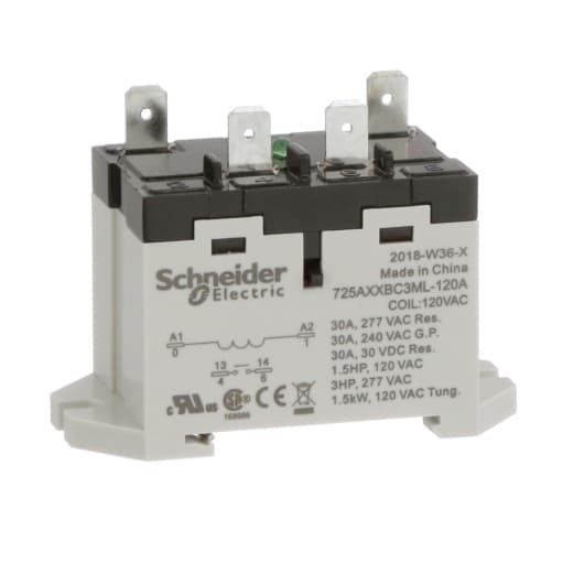 Schneider Electric 725AXXBC3ML-120A Harmony, Power relay, DIN rail/panel mount, 30 A,with LED indicator test button, flat (faston) terminals 120 V AC, 1 NO 725AXXBC3ML-120A on Powermatic Associates