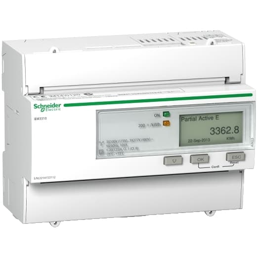 Schneider Electric A9MEM3310 Schneider Electric A9MEM3310 is a digital meter designed for energy measurement within the iEM sub-range. It features an 8-digit graphic LCD display and is capable of direct current measurement up to 125A. This model is MID compliant and includes 1 Digital Output (DO). It offers an IP40 degree of protection, making it suitable for indoor use. The A9MEM3310 is designed for DIN rail mounting, ensuring easy installation in electrical panels. It operates on a variety of network types including 1P+N, 3P, and 3P+N, with a network frequency range of 50-60 Hz. The ambient air temperature for operation ranges from -25 to +55°C. This meter has a sampling rate of 1,600 Hz at 50Hz (32 samples/cycle) and 1,920 Hz at 60Hz (32 samples/cycle), ensuring accurate energy measurement and monitoring. A9MEM3310 on Powermatic Associates