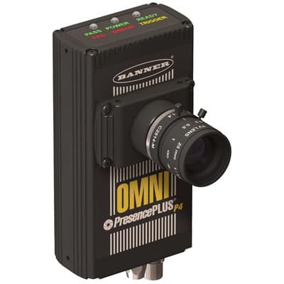 Banner P4OR-OC Banner Engineering P4OR-OC is a sensor from the P4 OMNI series designed for right-angle vision or inspection tasks, featuring a 0.3 Megapixel camera. It is equipped for C-mount installation and operates within an ambient air temperature range of 0 to +50 °C. This sensor has a net height of 125 mm, a width of 67 mm, and a depth of 56 mm. It comes pre-equipped with an RJ45 connector for connectivity. The P4OR-OC offers a degree of protection rated at IP20 NEMA 1 and requires a supply voltage of 10Vdc to 30Vdc, with 12Vdc or 24Vdc nominal. Its housing is made of black anodized aluminum with a glass lens. For communication, it supports Ethernet, Modbus TCP, and RS-232 protocols. Additionally, it features 4 digital outputs (PNP/NPN transistor). P4OR-OC on Powermatic Associates