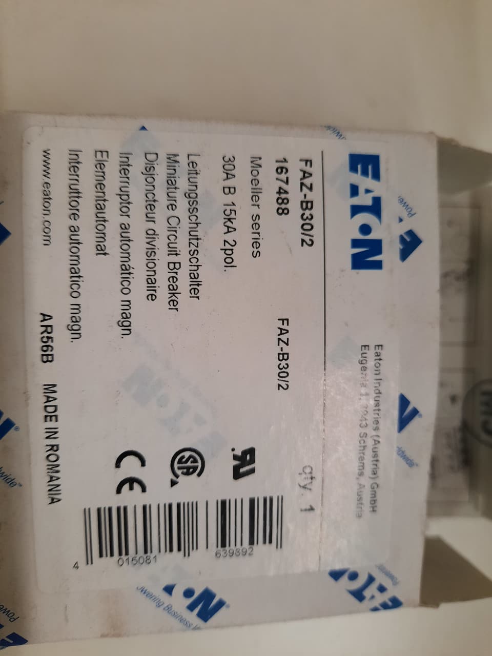 Eaton FAZ-B30/2 Eaton FAZ supplementary protector,UL 1077 Industrial miniature circuit breaker - supplementary protector,Low levels of inrush current are expected,30 A,15 kAIC,Two-pole,3-5X /n,50-60 Hz,Standard terminals,B Curve FAZ-B30/2 on Powermatic Associates