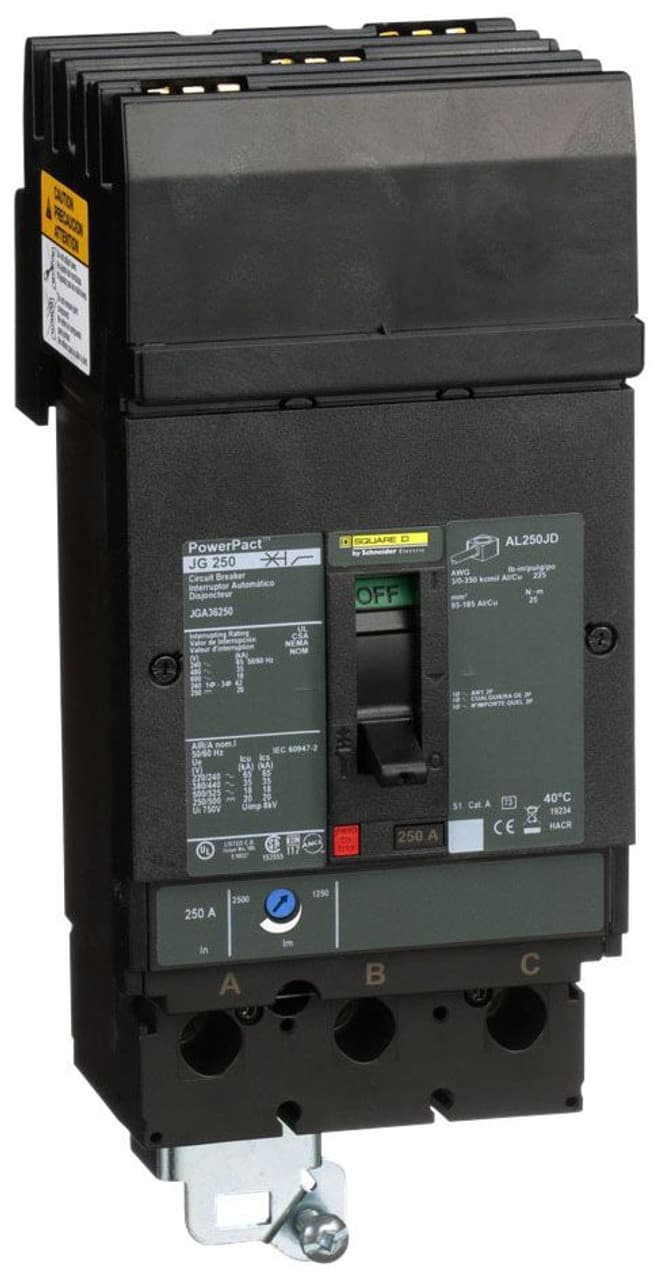 Schneider Electric JGA36250 Square D by Schneider Electric JGA36250 is a Moulded Case Circuit Breaker (MCCB) from the PowerPacT JGA sub-range, designed with a PowerPact J-Frame 250 TMD 3P 250A 600Vac 18kA I-line ABC 80% rated. It features a 3-pole (3P) configuration with thermal protection for overload and magnetic protection for short-circuit scenarios. The rated current is 250A, with a rated insulation voltage (Ui) of 750 V and a rated voltage (AC) of 600Vac 600Y/347Vac. This MCCB offers an I-line connection (ABC phases) and mounts on I-line with line side isolated plug-on jaws plus a mechanical I-Line bracket mechanism for robust attachment. The net dimensions are 191 mm in height, 105 mm in width, and 127 mm in depth, with a degree of protection rated at IP40. It operates manually via a toggle and has protection settings for over-current fixed at 250A and short-circuit pickup current adjustable between 1250A and 2500A. The rated operating voltage (Ue) is 690 V, with a rated impulse voltage (Uimp) of 8 kV. The trip current rating is 250 AT, and the frame current rating is 250 AF. Its short circuit breaking rating varies with voltage, including 65kA at 240Vac, 35kA at 480Vac, 35kA at 480Y/277Vac, 18kA at 600Vac, 18kA at 600Y/347Vac, 20kA at 250Vdc, and 20kA at 500Vdc, all under UL489. The trip unit type is thermal-magnetic (adjustable) without a display, and it falls under utilisation category A. JGA36250 on Powermatic Associates
