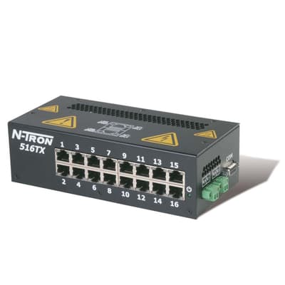 Red Lion 516TX-A Red Lion 516TX-A is an Ethernet Switch designed for industrial process control with features including IGMP Auto Configuration, VLAN, QoS, Trunking or Link aggregation, Port Mirroring, and N-View Remote Monitoring Technology. It operates with a supply voltage of 10-30Vdc, including redundant power inputs, and does not specify an AC supply voltage. This model comes with 16 RJ45 ports supporting 10/100BaseTX for connectivity and boasts a maximum throughput of 2.6Gbit/s. The 516TX-A, part of the N-Tron 500-A series, is designed for DIN rail mounting and is encased in a metallic body. It operates within an ambient air temperature range of -40 to +85°C and utilizes Ethernet as its communication protocol. 516TX-A on Powermatic Associates