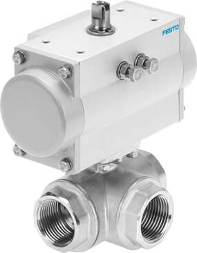 Festo 8070270 ball valve actuator unit VZBM-A-1"-RP-25-F-3L-B2-PB40 Brass, with single-acting actuator DFPD 3/2-way, nominal width 1", PN25, thread EN 10226-1. Design structure: (* 3-way ball valve, * Swivel drive), Type of actuation: pneumatic, Assembly position: Any, 8070270 on Powermatic Associates