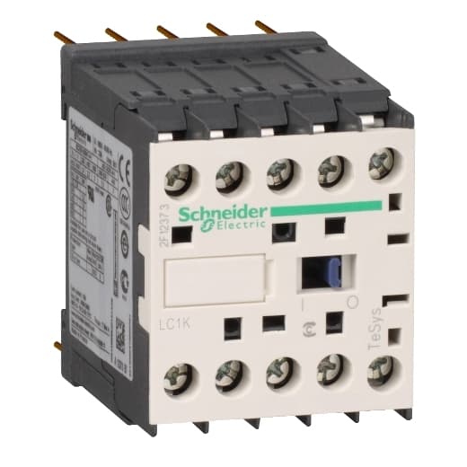 Schneider Electric LC1K06105F7 Schneider Electric LC1K06105F7 is a magnetic contactor within the K sub-range, featuring solder pins connections and equipped with 3 poles (3P; 3NO). It has a rated current of 20A under AC-1 conditions and 6A at 440Vac under AC-3 conditions. The contactor's net width is 45 mm and it offers a degree of protection rated at IP20. The control voltage for AC is specified at 88-126Vac (110Vac nominal; 50Hz/60Hz; 0.8...1.15 x Uc), with a rated operating voltage (Ue) of 690 V. It includes 1 Normally Open (NO) auxiliary contact, has a rated impulse voltage (Uimp) of 8 kV, and supports rated active power ranging from 1.5kW at 220-230Vac to 3kW at 660-690Vac under AC-3 conditions. This model does not include Normally Closed (NC) auxiliary contacts. Its mechanical durability at no load is rated for 10,000,000 operations, and the rated voltage (AC) phase-to-phase stands at 690 V. LC1K06105F7 on Powermatic Associates