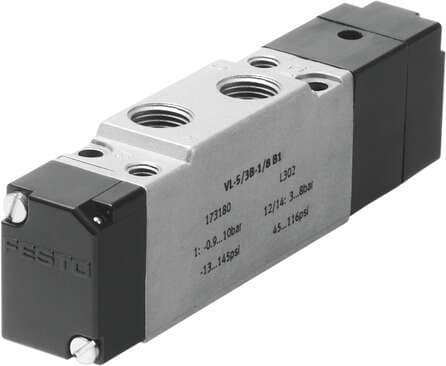 Festo 173174 pneumatic valve VL-5/3G-1/8-B1 5/3-way function, centre position closed Valve function: 5/3 closed, Type of actuation: pneumatic, Width: 17,8 mm, Standard nominal flow rate: 500 l/min, Operating pressure: -0,9 - 10 bar 173174 on Powermatic Associates