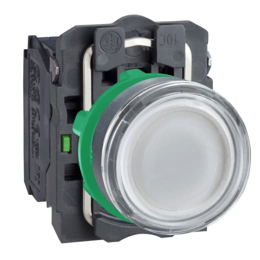 Schneider Electric XB5AW31B5 Schneider Electric XB5AW31B5 is an illuminated flush push-button designed for automation applications, part of the XB5 range. This push-button features a plastic body and bezel with a round shape and a plain lens. It offers a degree of protection rated at IP66, making it suitable for use in environments where dust and water resistance are necessary. The push-button operates on a spring-return (impulse/momentary) mechanism and is equipped with integral LED illumination, with the light color being white. It has a diameter of 22 mm and is designed to work with a supply voltage of 24 V, accommodating both AC and DC sources. The XB5AW31B5 includes 1 Normally Open (NO) and 1 Normally Closed (NC) auxiliary contacts for versatile connectivity options. The type of terminals provided for electrical connections is screw-clamp. This push-button operates within a network frequency of 50/60 Hz. XB5AW31B5 on Powermatic Associates