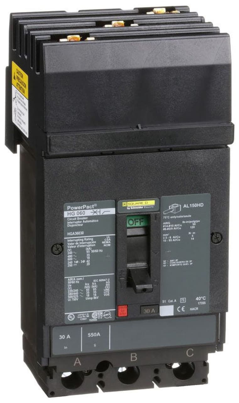 Schneider Electric HGA36030 Square D by Schneider Electric HGA36030 is a Moulded Case Circuit Breaker (MCCB) within the PowerPacT HGA sub-range, featuring a PowerPact H-Frame 150 TMD design. It is a 3-pole (3P) device with a rated current of 30A and offers thermal protection for overload and magnetic protection for short-circuit scenarios. The breaker is designed for I-line connection across ABC phases and supports a rated insulation voltage (Ui) of 750 V, with AC rated voltages of 600Vac and 600Y/347Vac, and a DC rated voltage of 500Vdc. It is engineered for mounting on I-line with line side isolated plug-on jaws plus a mechanical I-Line bracket mechanism, ensuring a robust attachment. The device measures 163 mm in height, 104 mm in width, and 86 mm in depth, with a degree of protection classified as IP40. Operation is manual via a toggle mechanism. Protection settings include over-current fixed at 30A, short-circuit hold current fixed at 350A, and short-circuit trip current fixed at 750A. The rated operating voltage (Ue) is 690 V, with a rated impulse voltage (Uimp) of 8 kV. The trip current rating is 30 AT, with a frame current rating of 150 AF. It has a short circuit breaking rating of 65kA at 240Vac, 35kA at 480Vac and 480Y/277Vac, 18kA at 600Vac and 600Y/347Vac, and 20kA at 250Vdc and 500Vdc, according to UL489 standards. The trip unit type is thermal-magnetic (fixed), with no display, and it falls under utilisation category A. HGA36030 on Powermatic Associates