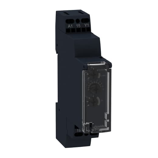 Schneider Electric RE17RMEMU Schneider Electric RE17RMEMU is an analog timer featuring a modular design at 18mm / 1module with multi-function capabilities including functions A; At; B; C; D; Di; H; Ht. It is equipped with a selector switch on the front panel for control type selection and offers a reset time of 120ms on de-energisation, with control signal pulse widths of 100ms (with load in parallel) and 30ms, respectively. The device has a power-on delay of 100ms and operates at a frequency of 10Hz. Designed for DIN rail mounting, it has a rated current of 8 A and falls under the RE17R sub-range. The degree of protection is IP40 for the housing, IP20 for the terminal block, and IP50 for the front panel. The contacts are cadmium-free, and the housing material is self-extinguishing. Power consumption is 0.6 W at 24Vdc, and the contact type is SPDT (1C/O). The rated impulse voltage is 5 kV, with a supply voltage range of 24-240 V AC and 24 V DC (minimum 20.4 V). The display features an LED indicator to show the status of relay energisation and timing progress. Electrical durability is rated at 100,000 operations for 250Vac resistive load and 10,000,000 operations overall. The timer offers a time delay range of 1s - 300h / 1 - 1,080,000 s, and operates within a temperature range of -20°C to +60°C. RE17RMEMU on Powermatic Associates
