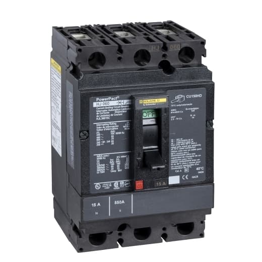 Schneider Electric HJL36015C Square D by Schneider Electric HJL36015C is a Moulded Case Circuit Breaker (MCCB) within the PowerPacT HJL sub-range, featuring a PowerPact H-Frame 150 TMD design. It is a 3-pole (3P) device with a rated current of 15A and offers thermal protection (overload) and magnetic protection (short-circuit). This MCCB has a rated insulation voltage (Ui) of 750 V, a rated voltage (AC) of 600Vac 600Y/347Vac, and a rated voltage (DC) of 250Vdc. It is designed for individual unit mount on plate with a net height of 163 mm, a net width of 104 mm, and a net depth of 86 mm. The degree of protection is IP40, and it operates with a toggle (manual) mechanism. Protection settings include over-current fixed at 15A, short-circuit hold current fixed at 350A, and short-circuit trip current fixed at 750A. The rated operating voltage (Ue) is 690 V, with a rated impulse voltage (Uimp) of 8 kV. The trip current rating is 15 AT, and the frame current rating is 150 AF. Its short circuit breaking rating varies with voltage, including 100kA at 240Vac, 65kA at 480Vac and 480Y/277Vac, 25kA at 600Vac and 600Y/347Vac, and 20kA at 250Vdc, all according to UL489 standards. The trip unit type is thermal-magnetic (fixed) with no display, and it falls under utilisation category A. Connection is facilitated by lugs on both load and line sides. HJL36015C on Powermatic Associates