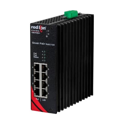 Red Lion 1000-POE4+ Red Lion 1000-POE4+ is a Gigabit (GbE) PoE injector designed for Ethernet communication. It operates with a supply voltage range of 22-49Vdc, including standard 24Vdc and 48Vdc. This device features 4 RJ45 ports for data input and another 4 RJ45 ports for data and PoE power output, supporting 10/100/1000BaseTX connections. The 1000-POE4+ is designed with 4 channels and is suitable for mounting on a DIN rail. Its metal case ensures durability, and it can operate within an ambient air temperature range of -40 to +85°C. 1000-POE4+ on Powermatic Associates
