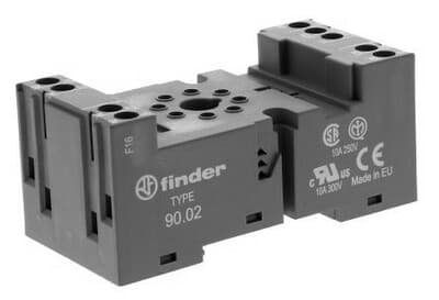 Finder 90.02.0 Finder 90.02.0 is a socket designed for DIN rail or panel mounting, featuring a box-clamp connection type. It supports a rated current of 10A and adheres to the EN61984 standard for output voltage (DC). The power consumption component is colored black. 90.02.0 on Powermatic Associates