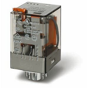 Finder 60.12.8.024.0040 Finder 60.12.8.024.0040 is a relay with solder pin connection type, designed for various applications. It has a rated current of 10A for both 250Vac (AC-1) and 30Vdc (DC-1), with lower current ratings at higher voltages: 0.4A at 110Vdc and 0.15A at 220Vdc under DC-1 conditions. The relay features Normally Open (NO) auxiliary contacts for DC-1. It supports a supply voltage of 2C/O / DPDT (Double Pole Double Throw), with an ambient air temperature for operation at 500VA (230Vac, AC-15) and for storage at 2500VA (250Vac, AC-1) and 1.3W. The rated voltage for AC operation is specified with a broad range of -40 to +70 degrees Celsius, and it utilizes a communication protocol labeled as C. Protection functions are provided at 250Vac, with a net depth of 66.7 mm. The control voltage (AC) withstands up to 4 kV, and it is designed for plug-in (octal, 8-pins) mounting with dimensions that include a width of 32.5 mm, a rated active power of 2 poles, and a power consumption of 36.4 mm. The color is specified for 24Vac (50Hz/60Hz) operations. It has a residual current sensitivity feature, with Normally Closed (NC) auxiliary contacts rated at 1.3 W. The rated voltage (AC) for phase-to-phase operations is capable of 200,000 operations, and it has a mechanical resistance made of AgNi (Silver Nickel). 60.12.8.024.0040 on Powermatic Associates