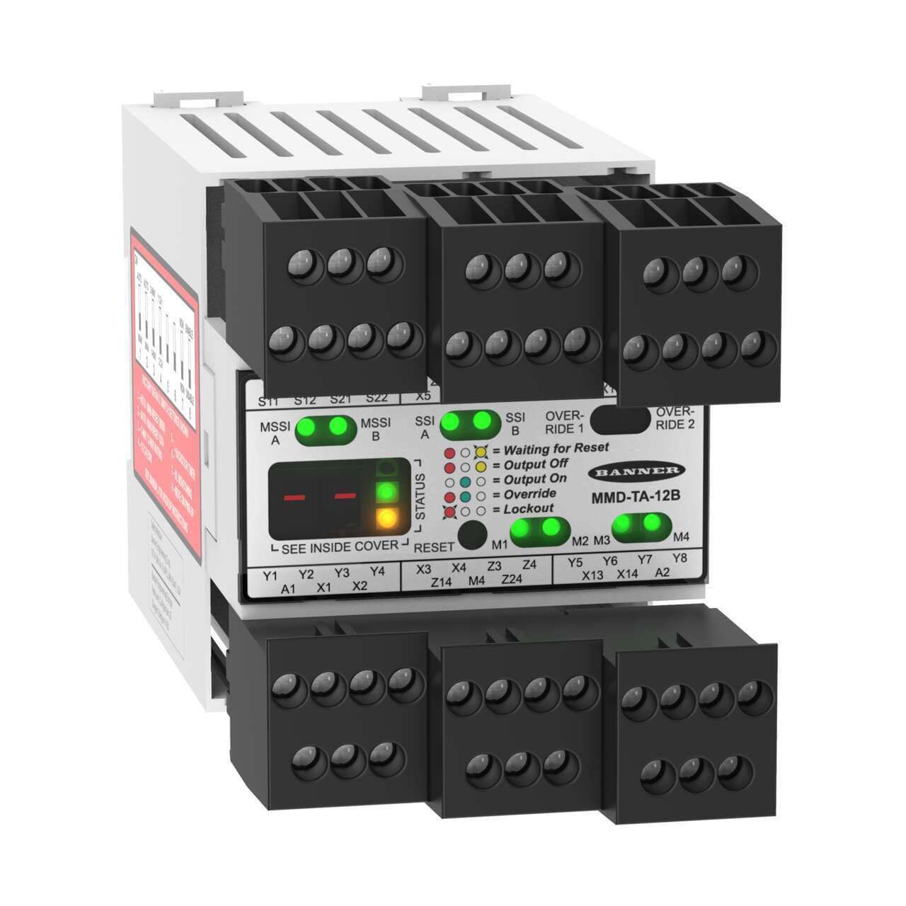 Banner MMD-TA-12B Safety Relay Muting Module; Supply Voltage: 24 V ac/dc; Muteable Safety Input: 1 Dual Channel; Non-Muteable Safety Input: 1 Dual Channel; Safety Output: 2 PNP, 500 mA; Aux Output: 1 PNP, 250 mA (follows OSSDs); Terminal Block: Removable; Width: 67.5 mm; Self-Checking Circuitry, Auto/Manual Reset, EDM, Muting MMD-TA-12B on Powermatic Associates