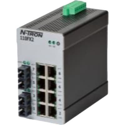 Red Lion 110FXE2-SC-80 Red Lion 110FXE2-SC-80 is an industrial Ethernet switch designed for robust networking applications. It operates with a supply voltage range of 10-49Vdc, including 12Vdc, 24Vdc, and 48Vdc, supported by redundant power inputs. This component features 8 RJ45 ports supporting 10/100BaseTX and 2 fiber optic SC connectors for single-mode fibers, capable of handling 100BaseFX over an 80km rated optical fiber length. The device is built to withstand ambient air temperatures for storage ranging from -40 to +80 degrees Celsius. Encased in a metallic body for durability, it adheres to an IP30 rating for protection against objects and ensures secure mounting with DIN rail technology. The 110FXE2-SC-80 is part of the N-Tron 100 series, classified under the UNSPSC code specific to its category, and is designed to facilitate Ethernet connections with a focus on long-distance fiber optic communication. 110FXE2-SC-80 on Powermatic Associates