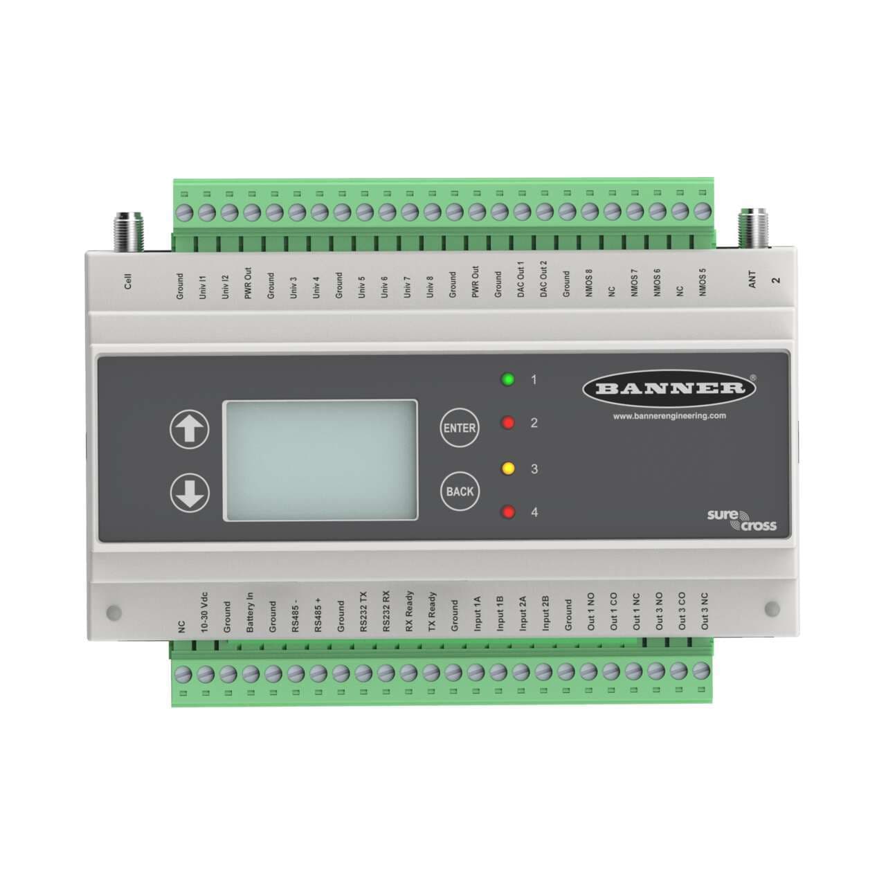 Banner DXM150-B2R4 Banner DXM150-B2R4 - DXM150 Controller; MultiHop Radio 2.4 GHz 65 mW; Inputs: 2 Discrete, 8 Universal; Outputs: 8 Discrete, 2 Analog; SAM4 Processor, LCD Display; RS485, Ethernet, USB, Solar/Battery Controller DXM150-B2R4 on Powermatic Associates