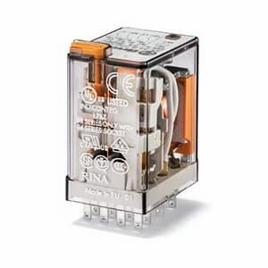 Finder 55.34.9.012.0040 Finder 55.34.9.012.0040 is a relay with solder pin connection type, designed for a rated current of 7A at 250Vac (AC-1) and 7A at 30Vdc (DC-1), with lower current ratings of 0.25A at 110Vdc and 0.12A at 220Vdc for Normally Open (NO) auxiliary contacts. It operates with a supply voltage of 4C/O or 4PDT (4 Pole Double Throw), and is rated for ambient air temperatures ranging from -40 to +85 degrees Celsius for operation and storage. The relay supports a communication protocol of type C, has 12Vdc poles, and offers protection functions at 250Vac. It features a net depth of 37.2 mm, a control voltage of 4 kV, and a mounting mode width of 27.7 mm. The rated active power is indicated for 4 poles, with a power consumption width of 20.7 mm. It is designed for plug-in mounting, has a number of Normally Closed (NC) circuits capable of 150,000 operations, and a durability of 50,000,000 operations for its AgNi (Silver Nickel) contacts. 55.34.9.012.0040 on Powermatic Associates
