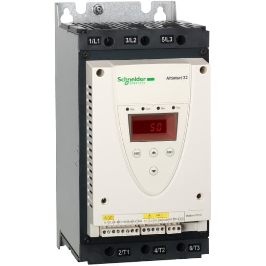 Schneider Electric ATS22D88Q Schneider Electric ATS22D88Q is a soft starter from the Altistart 22 series designed for 3-phase motors, featuring 3-controlled phases with a configurable voltage ramp and a built-in bypass contact. It operates on a supply voltage of 196-484Vac (230Vac / 240Vac / 400Vac / 480Vac nom.; 50/60Hz), with dimensions of H265mm x W145mm x D207mm and screw connections for installation. This model offers an IP20 degree of protection and is rated for a nominal current of 88A. It is suitable for wall mounting and uses the Modbus communication protocol over a 3-phase network. The control voltage is specified at 220Vac. The ATS22D88Q can operate within an ambient air temperature range of +14...+104°F / -10...+40 °C without derating and up to +104...+140°F / +40...+60 °C with current derating of 2.2% per °C. It includes 3 digital inputs (24Vdc; source) and 2 digital outputs (C/O SPDT relay contacts), along with 1 analog input (PTC). The storage temperature range is -13...158°F / -25...70 °C. Rated active power varies with voltage and motor connection type, offering 22kW (230Vac), 45kW (400Vac), 45kW (440Vac), 37kW (230Vac; motor delta connection), 75kW (400Vac; motor delta connection), and 75kW (440Vac; motor delta connection), with power dissipation/losses at 66 W. ATS22D88Q on Powermatic Associates
