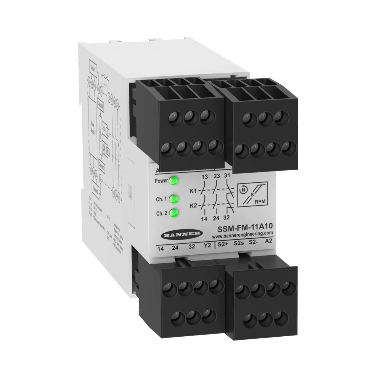 Banner SSM-FM-11A10 Safety Speed Module; Supply Voltage: 24 V ac/dc; Input: Two Sensors with PNP Outputs; Output: 2 NO, 4 A; Aux Output: 1 NC, 4 A; Terminal Block: Removable; Width: 45 mm; Self-Checking Circuitry, Detectable Speed Range 5-10,500 ipm SSM-FM-11A10 on Powermatic Associates