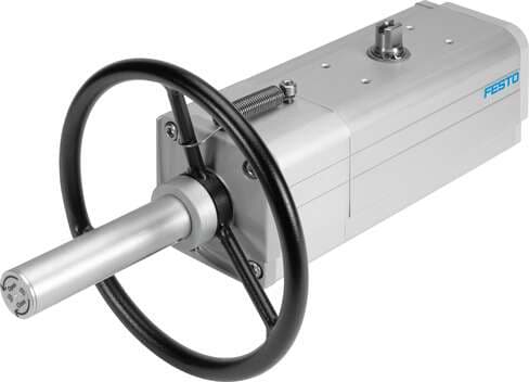 Festo 8005012 semi-rotary drive DAPS-1920-090-R-F14-MW double-acting, air connection to VDI/VDE 3845 Namur valves, direct flange mounting, version with handwheel. Size of actuator: 1920, Flange hole pattern: F14, Swivel angle: 92 deg, Shaft connection depth: 48,5 mm, F 8005012 on Powermatic Associates