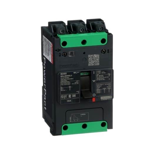 Schneider Electric BDL36060LU Square D by Schneider Electric BDL36060LU is a Moulded Case Circuit Breaker (MCCB) within the PowerPacT BDL sub-range, featuring a PowerPact B-Frame 100 TMD 3P 60A 600Y/347Vac 14kA design. It includes Everlink (Creep compensating) lugs on both line and load sides and a Control Wire terminal (CWT) on the line side only. This MCCB has a rated impulse voltage (Uimp) of 8 kV, an IP40 degree of protection, and a rated current of 60A. It operates at a rated voltage of 600Vac 600Y/347Vac, with a mechanical durability of 20,000 operations when mounted either on a DIN rail or as an individual unit on a plate. The 3-pole (3P) device measures 137 mm in height, 80 mm in depth, and 81 mm in width. It falls under utilisation category A and offers protection settings including over-current fixed at 60A, short-circuit hold current fixed at 640A, and short-circuit trip current fixed at 960A. The rated insulation voltage (Ui) is 800 V, with a rated operating voltage (Ue) of 525 V, and it provides thermal and magnetic protection functions. The trip current rating is 60 AT, and it has an electrical durability of 10,000 operations at 440Vac with load. The frame current rating is 100 AF, and it features a manual toggle operating mode. Its short circuit breaking rating varies by voltage, with 25kA at 240Vac, 18kA at 480Vac and 480Y/277Vac, 14kA at 600Y/347Vac according to UL489 standards, and 10kA at 250Vdc. The trip unit type is thermal-magnetic (fixed) without a display. BDL36060LU on Powermatic Associates