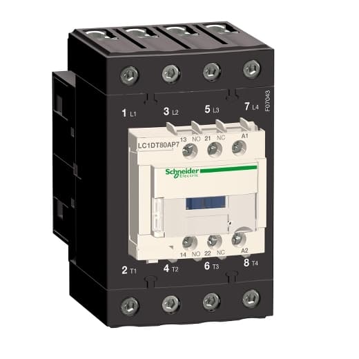 Schneider Electric LC1DT80AQ7 Schneider Electric LC1DT80AQ7 is a magnetic contactor from the Deca sub-range, featuring an EverLink(TM) terminal design and screw connections for secure installation. This 4-pole (4NO) contactor is designed to handle a rated current of 80A (AC-1) and can be mounted on a DIN rail. It has a net width of 70 mm and offers a degree of protection rated at IP20. The control voltage (AC) ranges from 304-418Vac at 50Hz and 323-418Vac at 60Hz, with a nominal voltage of 380Vac. The LC1DT80AQ7 operates at a rated operating voltage (Ue) of 690 V and includes 1 Normally Open (NO) and 1 Normally Closed (NC) auxiliary contacts, both of the instantaneous type (1NO+1NC). It is designed to withstand a rated impulse voltage (Uimp) of 6 kV and boasts a mechanical durability of 6 million operations at no load. The rated voltage (AC) for phase-to-phase connections is also specified at 690 V. LC1DT80AQ7 on Powermatic Associates