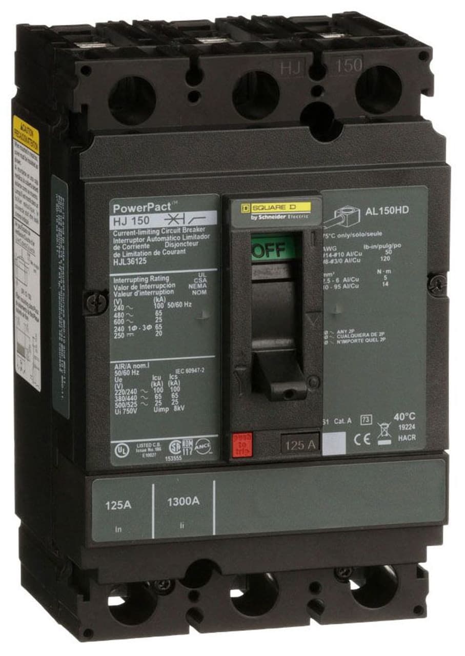 Schneider Electric HJL36125 Square D by Schneider Electric HJL36125 is a Moulded Case Circuit Breaker (MCCB) within the PowerPacT HJL sub-range, featuring a PowerPact H-Frame design. This 3-pole (3P) circuit breaker is rated for 125A with a thermal-magnetic trip unit type, lacking a display. It supports a rated insulation voltage (Ui) of 750 V, a rated voltage (AC) of 600Vac and 600Y/347Vac, and a rated voltage (DC) of 250Vdc. The HJL36125 offers thermal protection for overload and magnetic protection for short-circuit conditions, with over-current protection fixed at 125A and short-circuit protection settings fixed at 900A for hold current and 1700A for trip current. It is designed for individual unit mount on plate, with a net height of 163 mm, width of 104 mm, and depth of 86 mm. The device operates manually via a toggle, has a degree of protection of IP40, and features lugs on both load and line sides for connection. Its frame current rating is 150 AF, with a trip current rating of 125 AT, and it has a short circuit breaking rating that varies based on voltage, up to 100kA at 240Vac according to UL489 standards. The rated operating voltage (Ue) is 690 V, with a rated impulse voltage (Uimp) of 8 kV, and it falls under utilisation category A. HJL36125 on Powermatic Associates