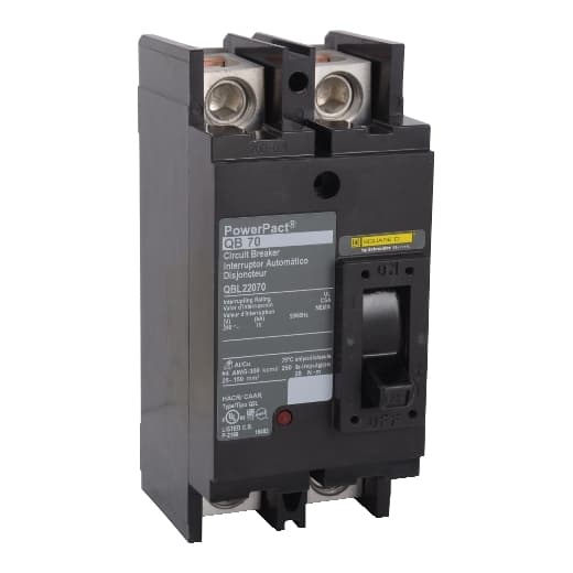 Schneider Electric QBL22080 Square D by Schneider Electric QBL22080 is a Moulded Case Circuit Breaker (MCCB) designed for individual unit mount on plate. It features a PowerPact Q-Frame 250 TMD 2P 80A 240Vac with a 10kA short circuit breaking rating and lugs on both load and line sides for connection. This MCCB has a net height of 114 mm, a net width of 164 mm, and a net depth of 100 mm. It operates with a rated current of 80A and a rated voltage of 240Vac. The QBL22080 is equipped with two poles (2P) and offers thermal protection for overload and magnetic protection for short-circuits, with a trip current rating of 80 AT. Its frame current rating is 250 AF, and it utilizes a thermal-magnetic trip unit type without a display. The protection settings are fixed, with over-current protection at 80A, short-circuit hold current fixed at 1000A, and short-circuit trip current fixed at 1800A. QBL22080 on Powermatic Associates
