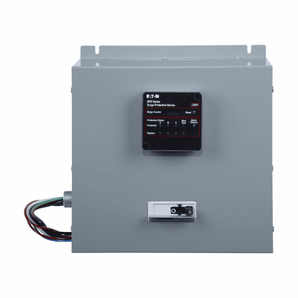 Eaton SPD080208Y3M SPD080208Y3M Eaton - Surge Protection Device, SPD series, 80 kAIC, 120/208V wye (4W+G), Standard feature package and surge counter, NEMA 1 with internal disconnect enclosure, External side mount, 150 L-N, 150 L-G, 150 N-G, 300 L-L operating voltage SPD080208Y3M on Powermatic Associates