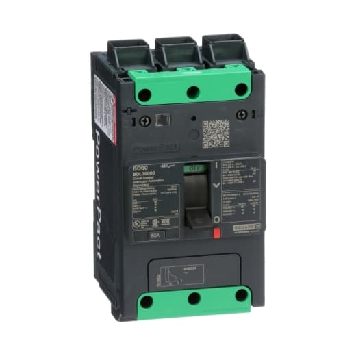 Schneider Electric BDL36060 Square D by Schneider Electric BDL36060 is a Moulded Case Circuit Breaker (MCCB) within the PowerPacT BDL sub-range. It features a PowerPact B-Frame 100 TMD design with 3 poles (3P) and a rated current of 60A. This MCCB operates at a rated voltage of 600Vac 600Y/347Vac and a DC voltage of 250Vdc, with a rated insulation voltage (Ui) of 800 V and a rated operating voltage (Ue) of 525 V. The connection type is Everlink (Creep compensating) lugs on both line and load sides, offering a degree of protection of IP40. It has a mechanical durability of 20,000 operations at no load and an electrical durability of 10,000 operations with load (440Vac; In). The MCCB's protection settings include over-current fixed at 60A, short-circuit hold current fixed at 640A, and short-circuit trip current fixed at 960A, with protection functions for thermal (overload) and magnetic (short-circuit). The trip unit type is thermal-magnetic (fixed) with no display. It has a short circuit breaking rating of 25kA at 240Vac, 18kA at 480Vac and 480Y/277Vac, and 14kA at 600Y/347Vac under UL489 standards. The MCCB is designed for fixed mounting on a DIN rail or as an individual unit mount on a plate, with dimensions of 137 mm in height, 80 mm in depth, and 81 mm in width. BDL36060 on Powermatic Associates