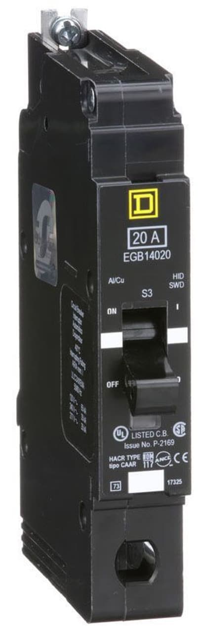 Schneider Electric EGB14020 Square D by Schneider Electric EGB14020 is a Miniature Circuit Breaker (MCB) designed for bolt-on mounting with a visual trip indicator. It features lugs type terminals and an aluminium lugs connection. This MCB operates at a rated voltage of 277 V AC, with a rated current of 20A and is suitable for a single pole configuration. It accommodates a wire cross-section of 14-6AWG for one copper cable. The EGB14020 offers protection functions against short-circuit and overload conditions, serving as both an Equipment Protection Device (EPD) and a Circuit Breaker (CB) with a breaking capacity code G. It has a short circuit breaking rating of 65kA at 120Vac, 35kA at 240Vac, and 35kA at 277Vac. The thermal-magnetic trip unit has a protection setting with a trip unit rating of 875A. EGB14020 on Powermatic Associates